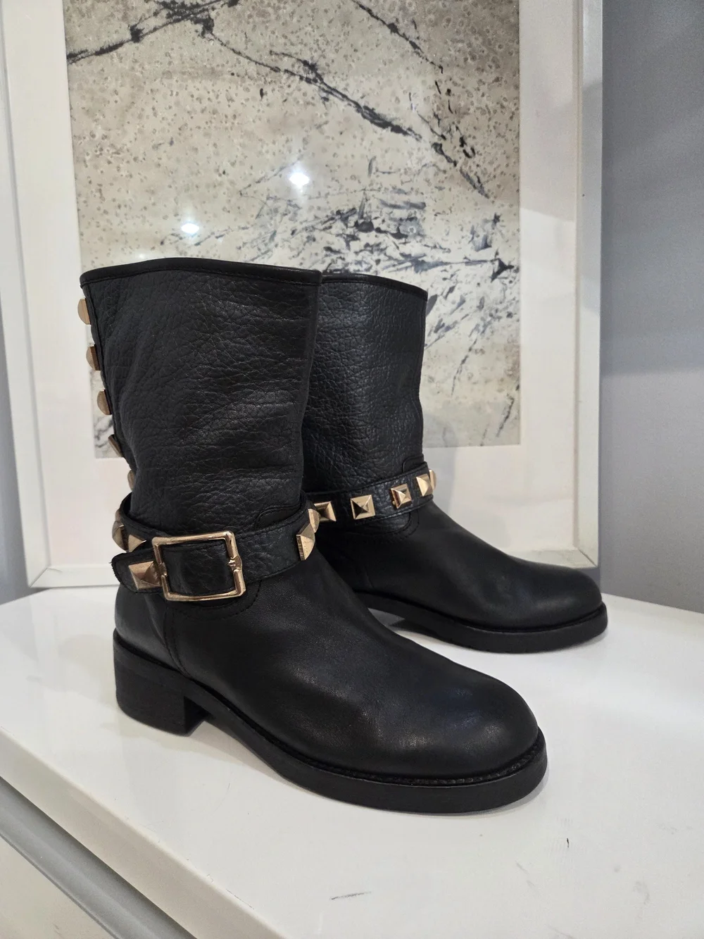 Medea Black Studded Genuine Leather Mid-Calf Boots Sz 38